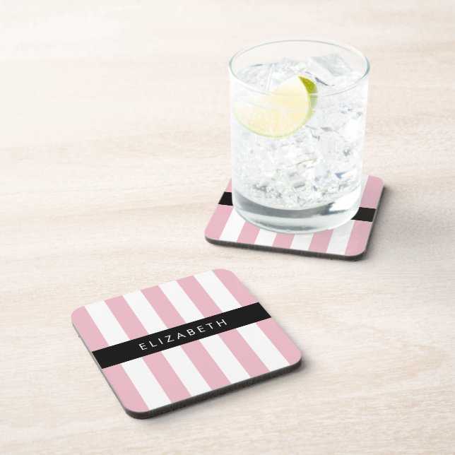 Pink Stripes, Striped Pattern, Lines, Your Name Coaster (Right Side)