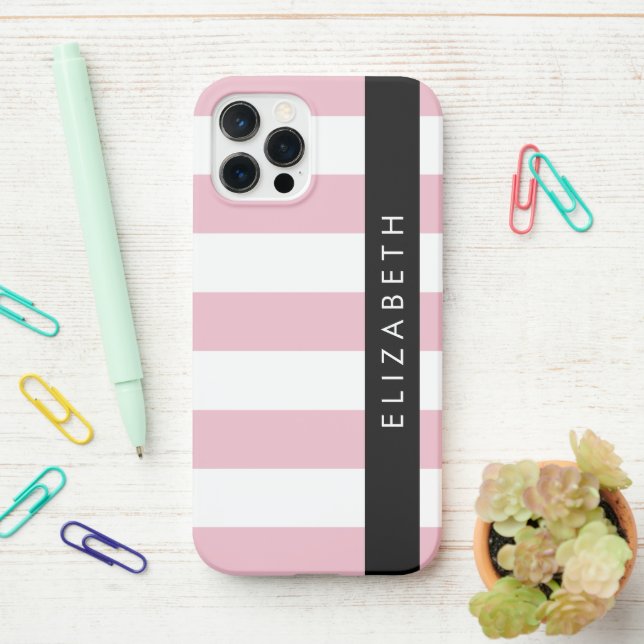 Pink Stripes, Striped Pattern, Lines, Your Name iPhone Case (On Desk)