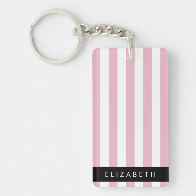 Pink Stripes, Striped Pattern, Lines, Your Name Key Ring (Front)