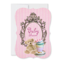 pink stripes teddy bear baby shower invitations
