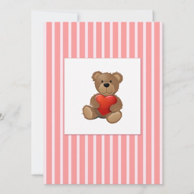 Pink Stripes - Teddy Bear with Valentines Heart Holiday Card (Front)
