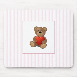 Pink Stripes - Teddy Bear with Valentines Heart Mouse Pad