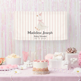 Pink Stripes Watercolor Goose Girl Baby Shower Banner