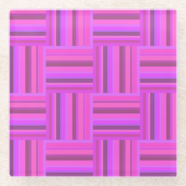 Pink stripes weave pattern glass coaster (Front)
