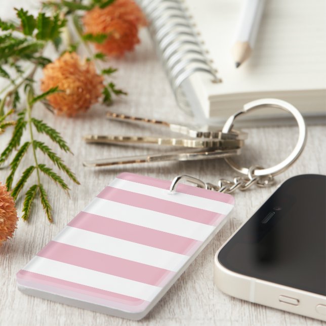 Pink Stripes, White Stripes, Striped Pattern Key Ring (Front Right)