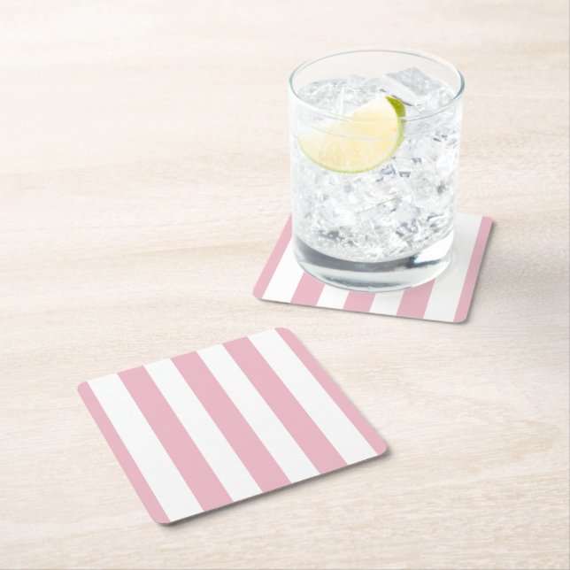 Pink Stripes, White Stripes, Striped Pattern Square Paper Coaster (Insitu)