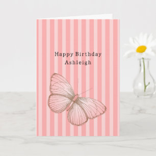 Pink Stripes with Butterfly Birthday Card