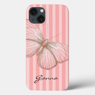 Pink Stripes with Butterfly iPhone 13 Case