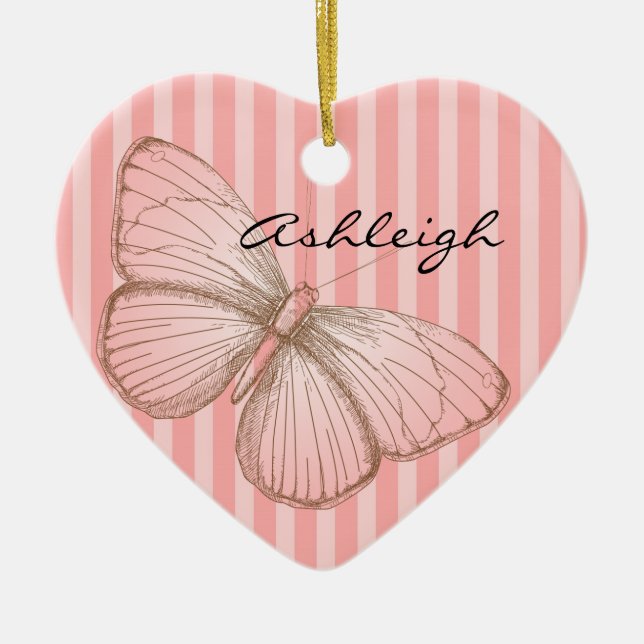 Pink Stripes with Butterfly Ceramic Tree Decoration (Front)