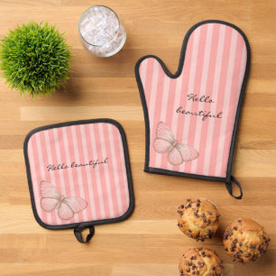 Pink Stripes with Butterfly Oven Mitt & Pot Holder Set