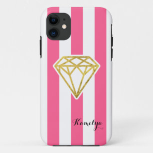 Pink Stripes with Gold Foil Diamond iPhone 11 Case