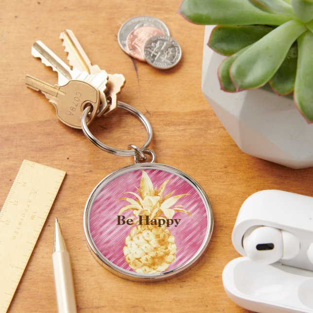 Pink Stripes Yellow Gold Pineapple   Key Ring (Desk)