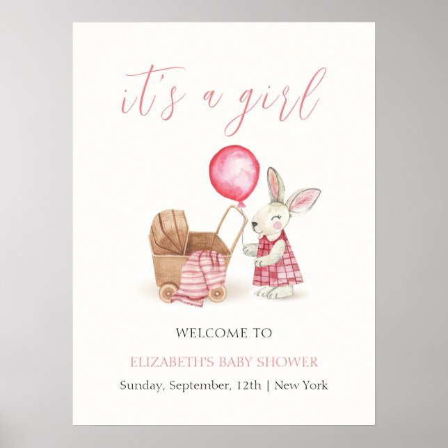 Pink Stroller Bunny Balloon Baby Shower Welcome Poster (Front)