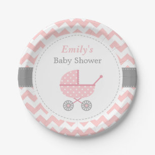 Pink Stroller Chevron Baby Girl Shower Supplies Paper Plate