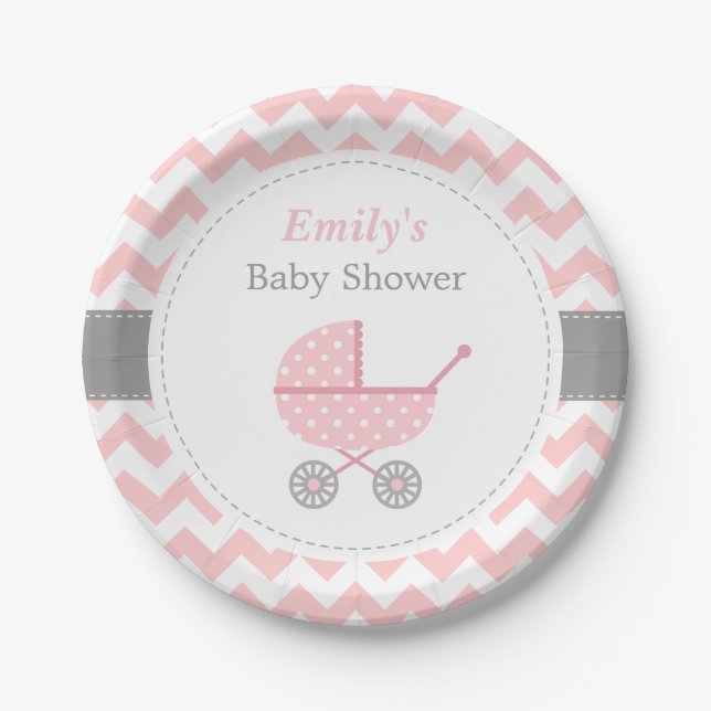 Pink Stroller Chevron Baby Girl Shower Supplies Paper Plate (Front)