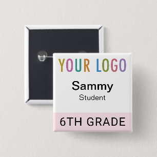 Pink Student Name Tag Button with School Logo