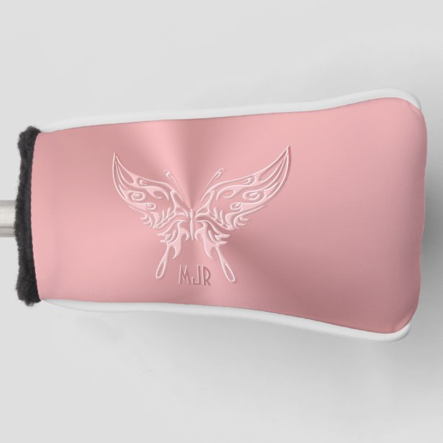 Pink Stylised Butterfly Round Tail, Embossed-look Golf Head Cover (Front)