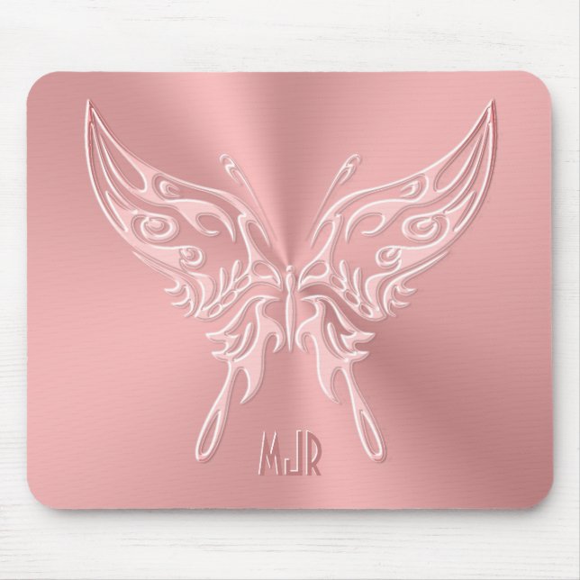 Pink Stylised Butterfly Round Tail, Embossed-look Mouse Pad (Front)