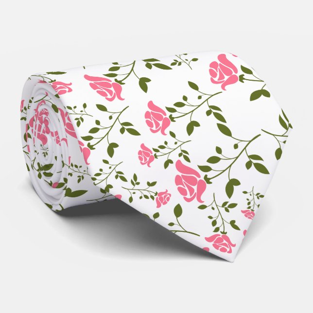 Pink Stylised Roses Pattern Tie (Rolled)
