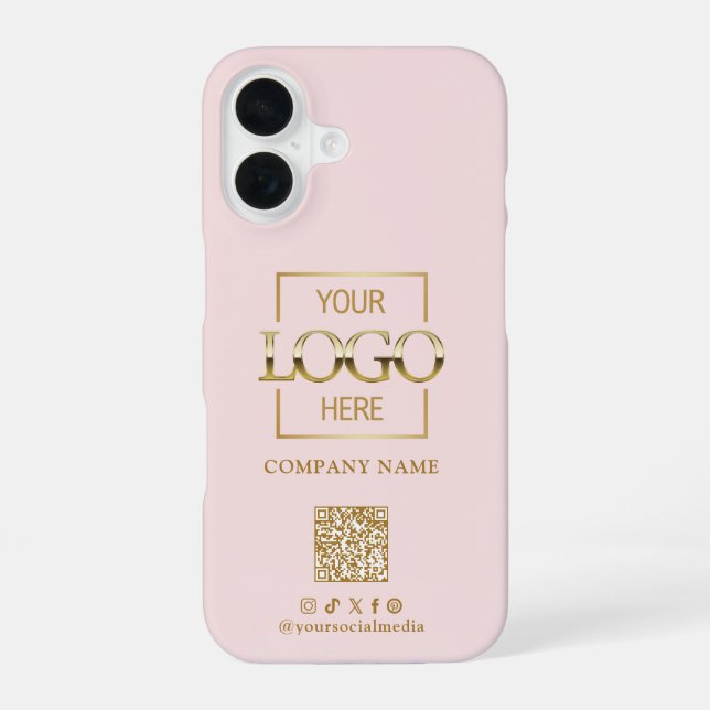 Pink Stylish Minimalist Business Logo & QR Code iPhone 16 Case (Back)