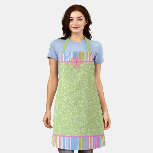 Pink Sugar Cookie Swirls and Stripes Apron (Worn)