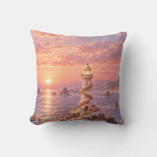 Pink Sugar Lighthouse Romantic Coastal Sunset Cushion