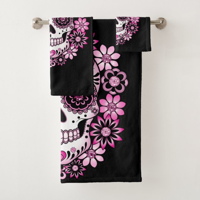Pink Sugar Skull Bath Towel Set (Insitu)