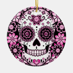 Pink Sugar Skull Ceramic Ornament