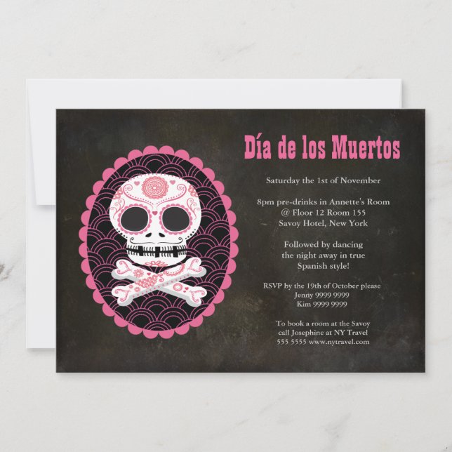 Pink Sugar Skull Day of the Dead Party Invite (Front)
