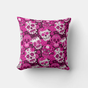 Pink sugar skull floral ornamental pattern cushion