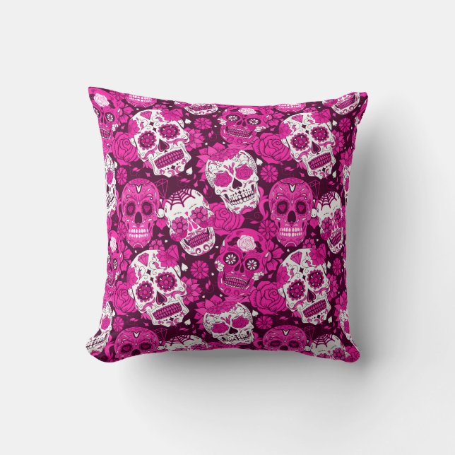Pink sugar skull floral ornamental pattern cushion (Front)