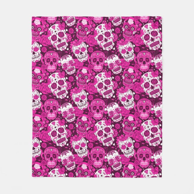 Pink sugar skull floral ornamental pattern fleece blanket (Front)