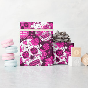 Pink sugar skull floral ornamental pattern wrapping paper