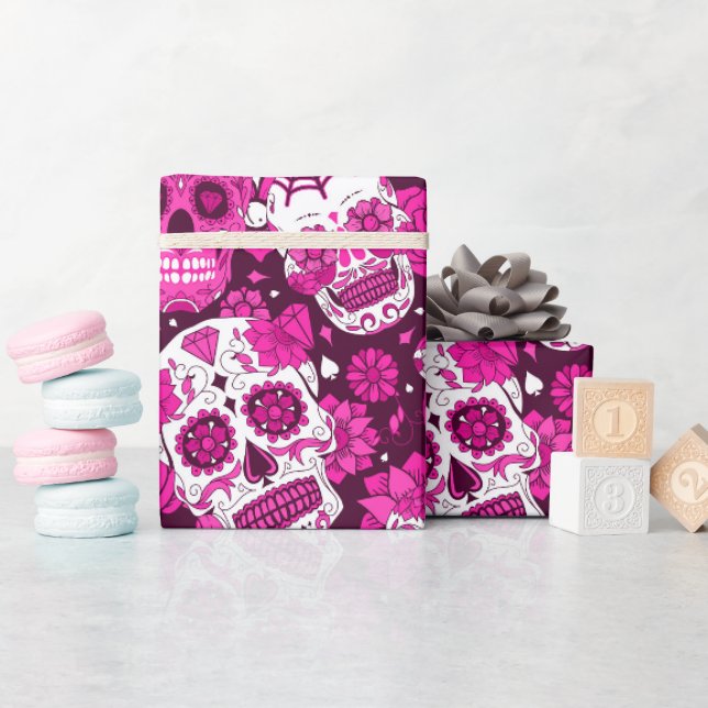 Pink sugar skull floral ornamental pattern wrapping paper (Baby Shower)