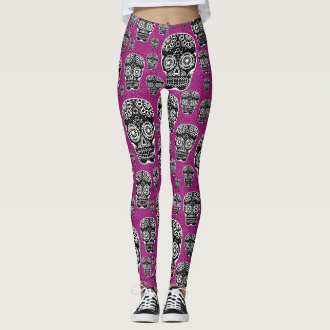 Pink Sugar Skull Leggings Glitter Effect (Front)