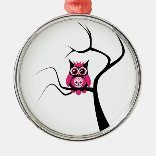 Pink Sugar Skull Owl in Tree Ornament (Front)