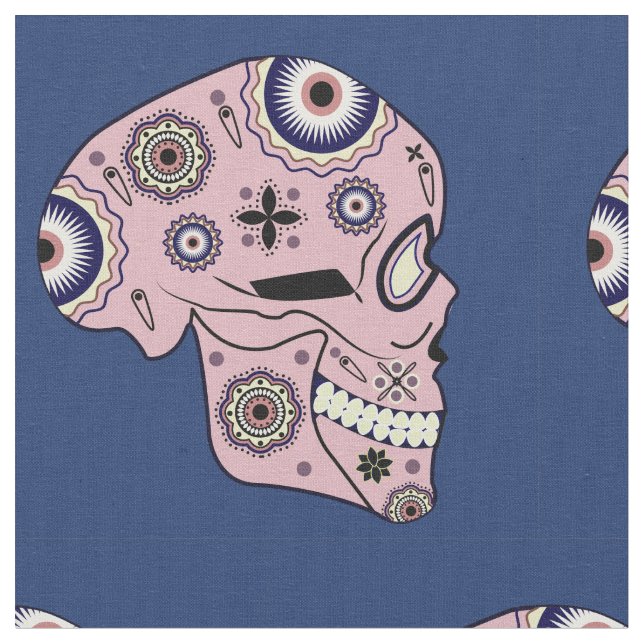 pink sugar skull print fabric (Close Up)
