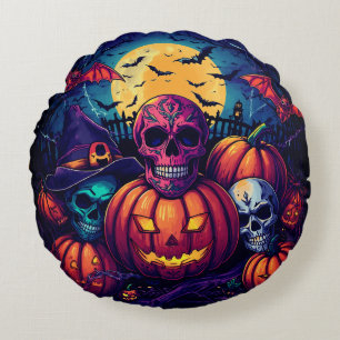 Pink Sugar Skull Pumpkin Trio Halloween, Round Cushion