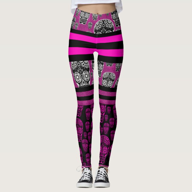 Pink Sugar Skull Striped Leggings (Front)