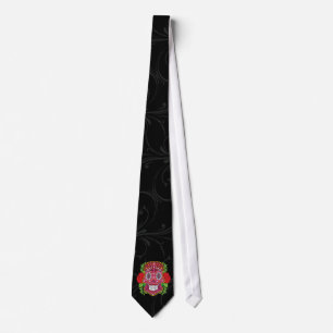 Pink Sugar Skull With Red Roses Green Leaves Tie