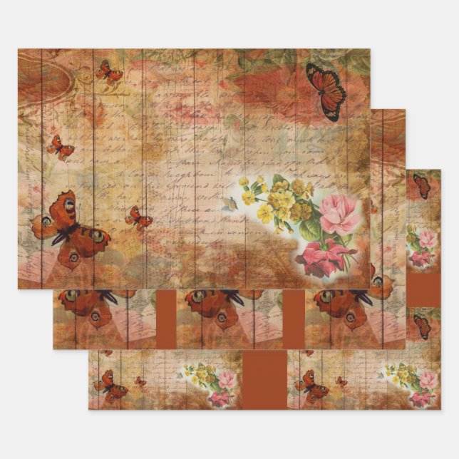 Pink Summer Butterfly with Flowers Ephemera  Wrapping Paper Sheet (Set)