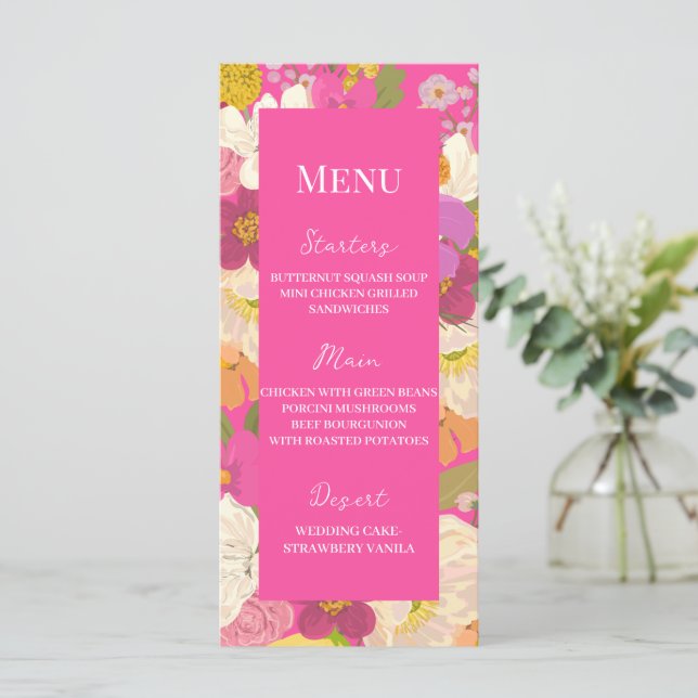 Pink Summer Floral Garden Wedding  Menu (Standing Front)