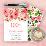 Pink Summer Floral Pretty 100th Birthday Invitation<br><div class="desc">Roses, peonies and daises create pretty summer pink floral design. Buds and foliage add a rustic vibe. 100th is written in a large bold text. It can be changed for any year you wish. The birthday celebrant's name is written in an elegant script font. The back of the invitation is...</div>