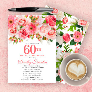 Pink Summer Floral Pretty 60th Birthday Invitation