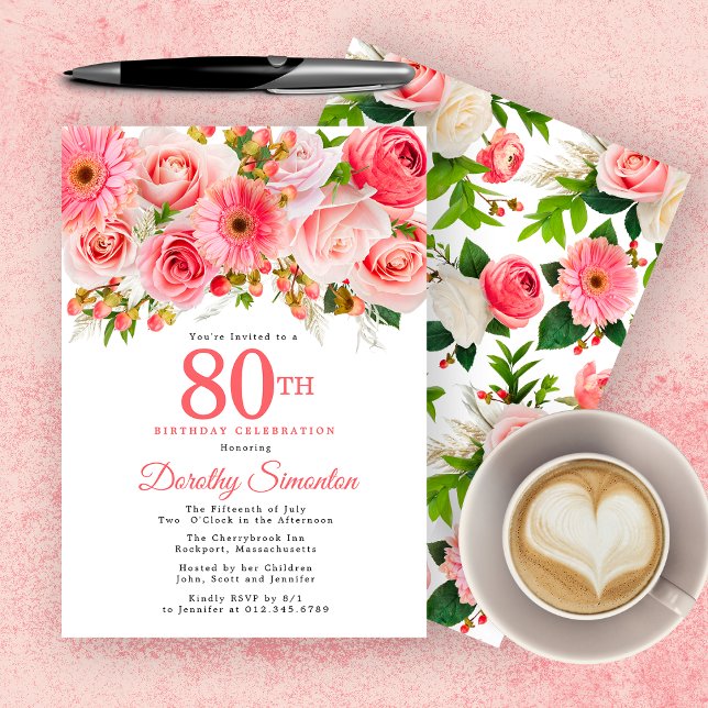 Pink Summer Floral Pretty 80th Birthday Invitation (Creator Uploaded)