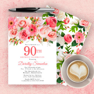 Pink Summer Floral Pretty 90th Birthday Invitation