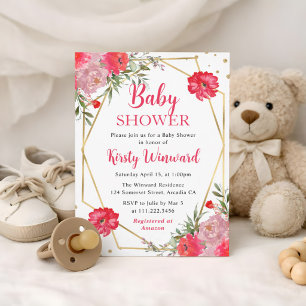 Pink Summer Flowers Frame Baby Shower Invitation