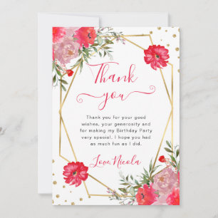 Pink Summer Flowers Frame Birthday Thank You Card