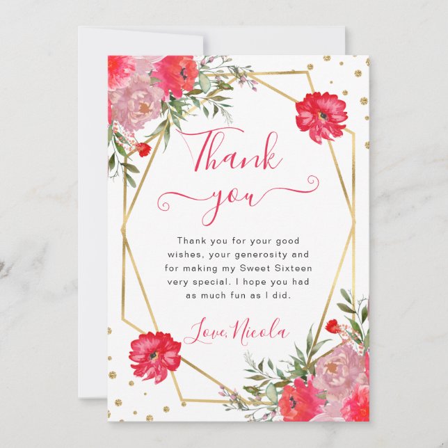 Pink Summer Flowers Frame Sweet 16 Thank You Card (Front)