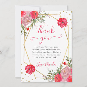 Pink Summer Flowers Frame Sweet 16 Thank You Card